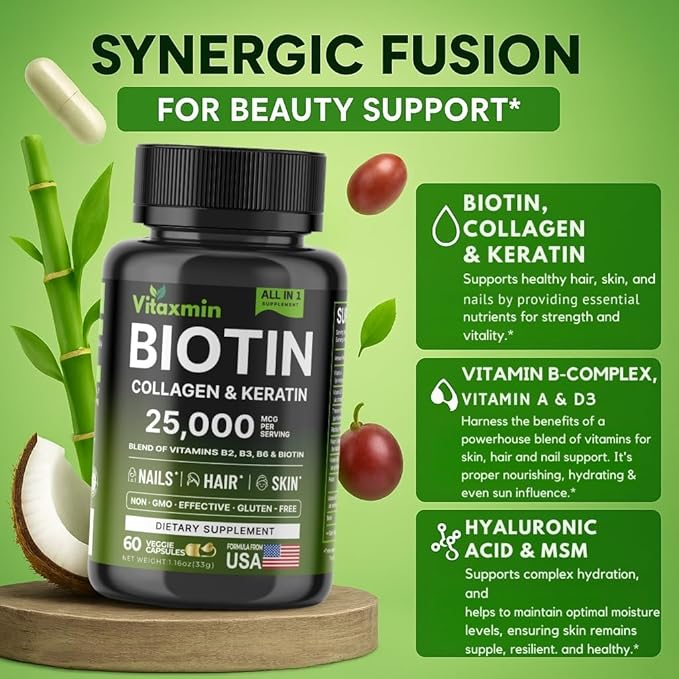 Biotin 10000mcg with Collagen Keratin Hyaluronic Acid - Hair Growth Vitamins for Women & Men - Hair Skin and Nails Vitamins with B Complex - 60 Capsules