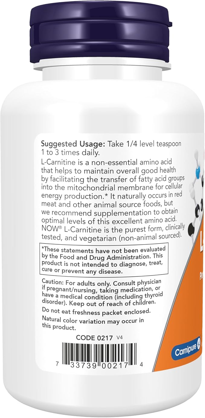 NOW Foods Supplements, L-Carnitine (L-Carnitine Tartrate) Pure Powder, Boosts Cellular Energy, Amino Acid, 3-Ounce