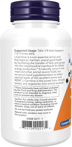 NOW Foods Supplements, L-Carnitine (L-Carnitine Tartrate) Pure Powder, Boosts Cellular Energy, Amino Acid, 3-Ounce