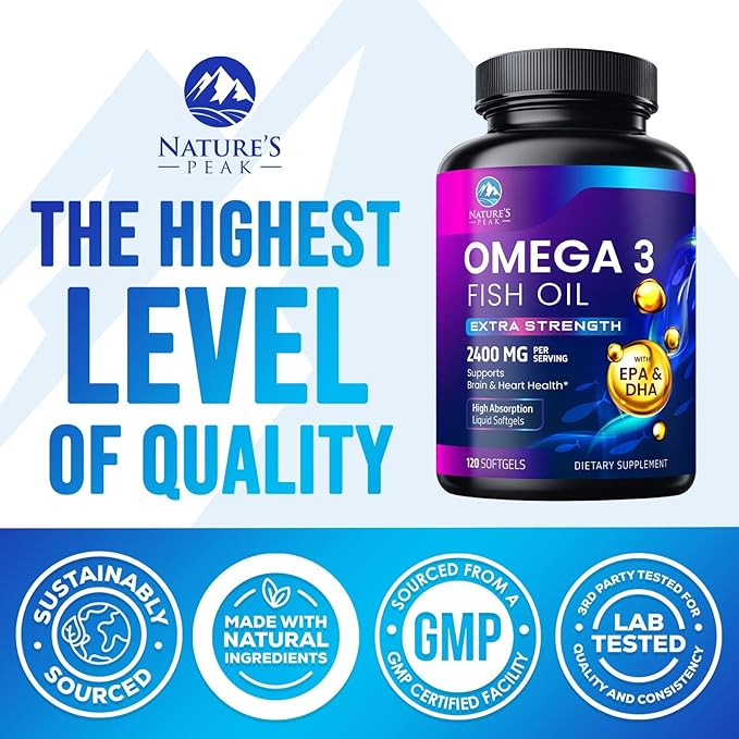 Omega 3 Fish Oil Supplements - 2400mg Fish Oil Per Serving - Triple Strength Omega-3 with Fatty Acids EPA & DHA - Natural Heart, Brain & Immune Support - Wild Caught, Bottled in USA - 120 Softgels