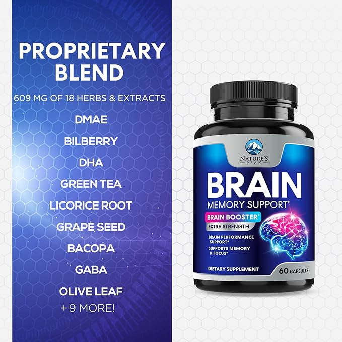 Brain Memory Supplement - 3X Strength Nootropics for Concentration, Clarity & Focus Support - Brain Health Cognitive Vitamins with Bacopa, Phosphatidylserine & DMAE, Brain Booster Pills, 60 Capsules