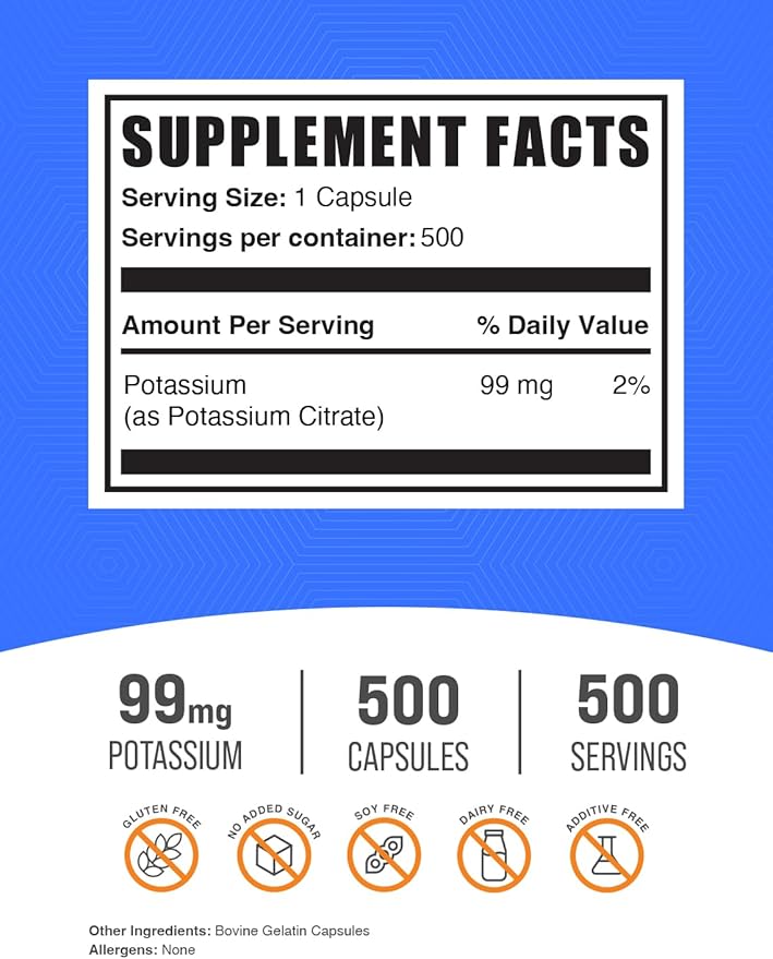 BulkSupplements.com Potassium Citrate Capsules - Mineral Supplement, Potassium Citrate 99mg - Gluten Free, 1 Capsule per Serving, 500 Count (Pack of 1)