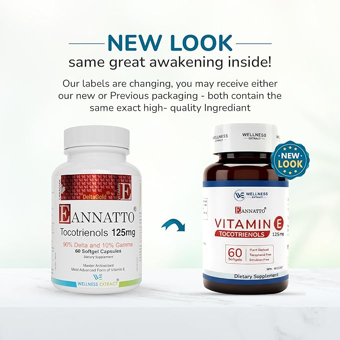 WELLNESS EXTRACT Eannatto Tocotrienols Vitamin E Supplements Tocopherol Free, Non-GMO, Gluten Free & Antioxidant (125MG 60 Softgels)