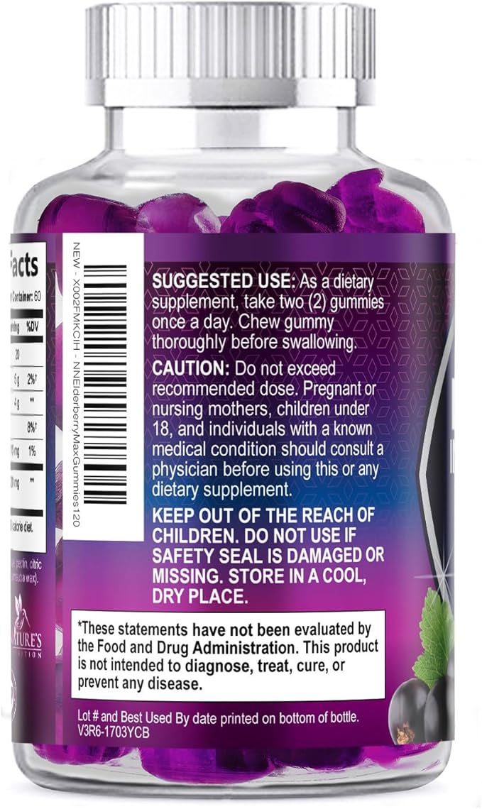 Elderberry Immune Support Gummies - Elderberry Extract Sambucus Nigra - Black Elder Berry Vitamin Supplement - Natural, Daily Immune Support Kids & Adults Love - Delicious Berry Flavor - 120 Gummies
