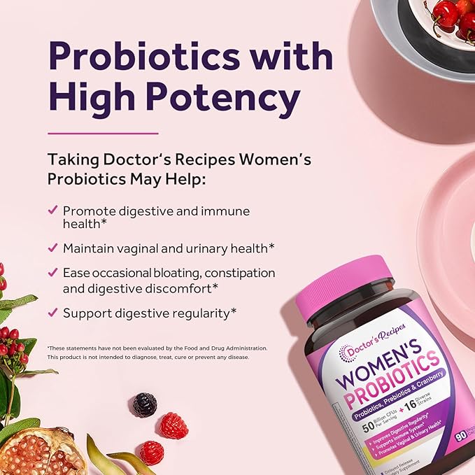 Doctor's Recipes Women's Probiotic, 90 Caps 50 Billion CFU 16 Strains, with Organic Cranberry, Digestive Immune Vaginal & Urinary Health, Shelf Stable, Delayed Release, No Soy Gluten Dairy