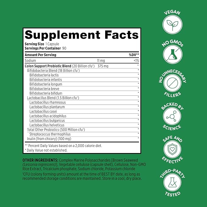 Probulin Colon Support Probiotic Supplement, Daily Gut, Digestive, and Immune Health Probiotics Capsules for Men and Women, 20 Billion CFU, Vegan, 90 Count Bottle