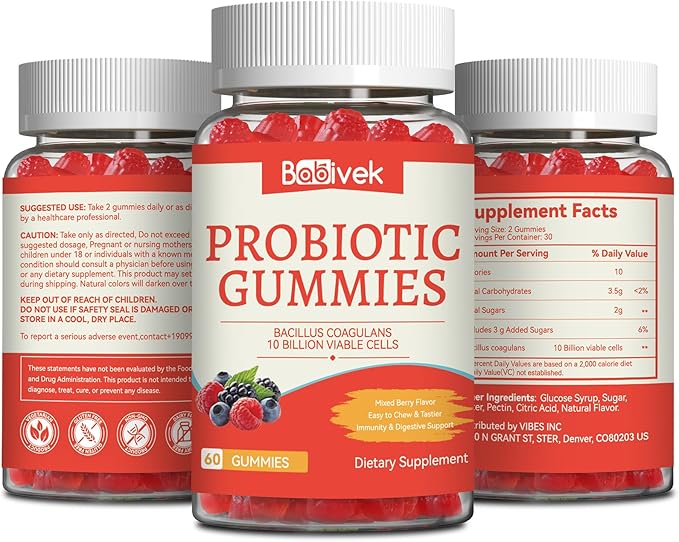 Probiotic Gummies 10 Billion CFU, Bacillus Coagulans for Digestive & Immune Support, Vegan, Non-GMO, Strawberry & Mixed Berry Flavor, 60 Count
