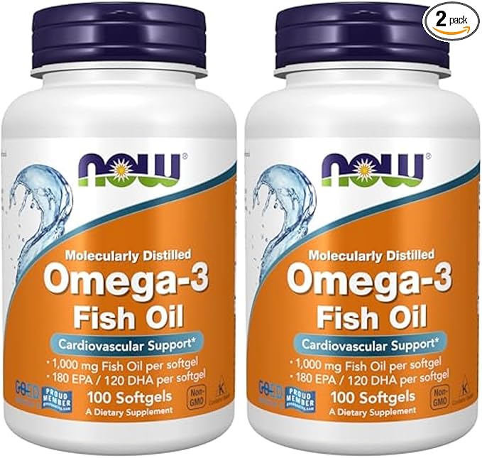 NOW Supplements, Omega-3 180 EPA / 120 DHA, Molecularly Distilled, Cardiovascular Support, 100 Softgels, (Pack of 2)