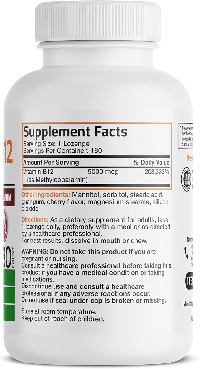 Bronson Methyl B12 5000 mcg Vitamin B12 Methylcobalamin Energy & Brain Support, 180 Lozenges