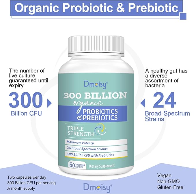 Probiotics for Women and Men, 300 Billion CFU 24 Strains Probiotics + 15 Organic Herbs Prebiotics Blend, Shelf Stable Gut Health Supplement for Digestive Immune & Whole-Body Health, 8 Month Supply