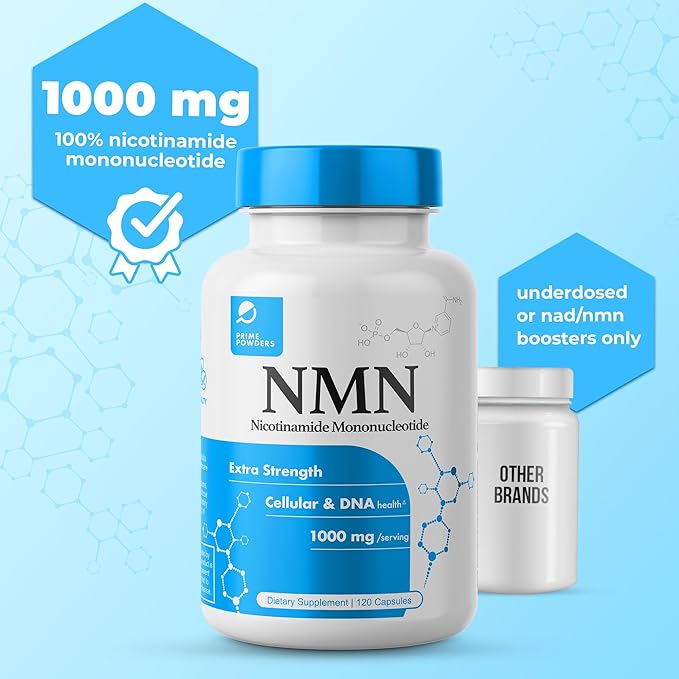 Prime Powders NMN Capsules – 1000mg per Serving – Stabilized Nicotinamide Mononucleotide – Extra Strength High Potency – 120 Vegetarian Capsules, Non-GMO & Gluten-Free