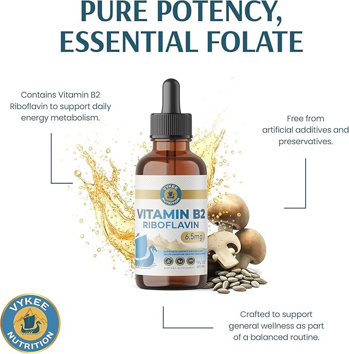 Vykee Nutrition Vitamin B2 Riboflavin Drops - Liquid B2 Supplement for Energy Metabolism, Cellular Function and Vision Support - Vegan, Non-GMO, Gluten-Free, GMP Certified - 6.5 mg, 30 Servings
