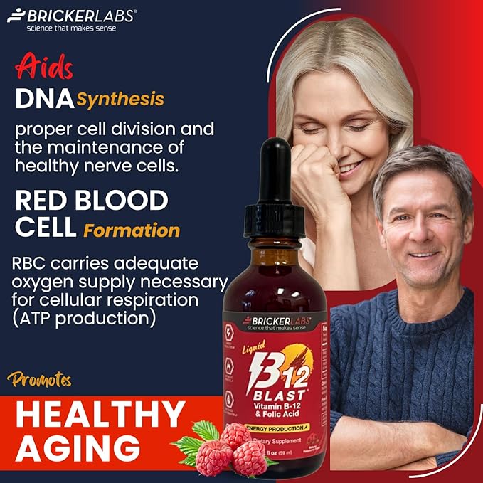 Bricker Labs B-12 Blast Liquid Vitamin B12 and Folic Acid Supplement, Support Energy Production, Great Tasting Liquid Vitamin B12 Dietary Supplement in Natural Raspberry Flavor, 2 fl oz Bottle