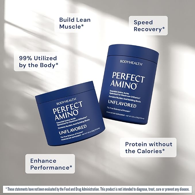 BodyHealth PerfectAmino - BCAA and EAA Powder for Pre and Post Workout - Amino Acid Energy Drink for Men and Women to Support Lean Muscle and Recovery - Unflavored (Lightly Sweetened) - 30 Servings