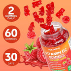 Vitamin B2 Gummies, Riboflavin Supplement with Magnesium for Kids & Adults, B2 Gummies for Migraine Relief & Nervous System Support, Vegan, Sugar-Free, Raspberry Flavor, 60 Count