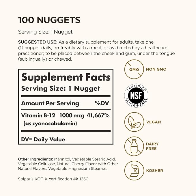 Solgar Vitamin B12 1000 mcg, 100 Nuggets - Energy Production, Red Blood Cells - Healthy Nervous System - Promotes Cardiovascular Health - Vitamin B - Non-GMO, Gluten Free, Kosher - 100 Servings