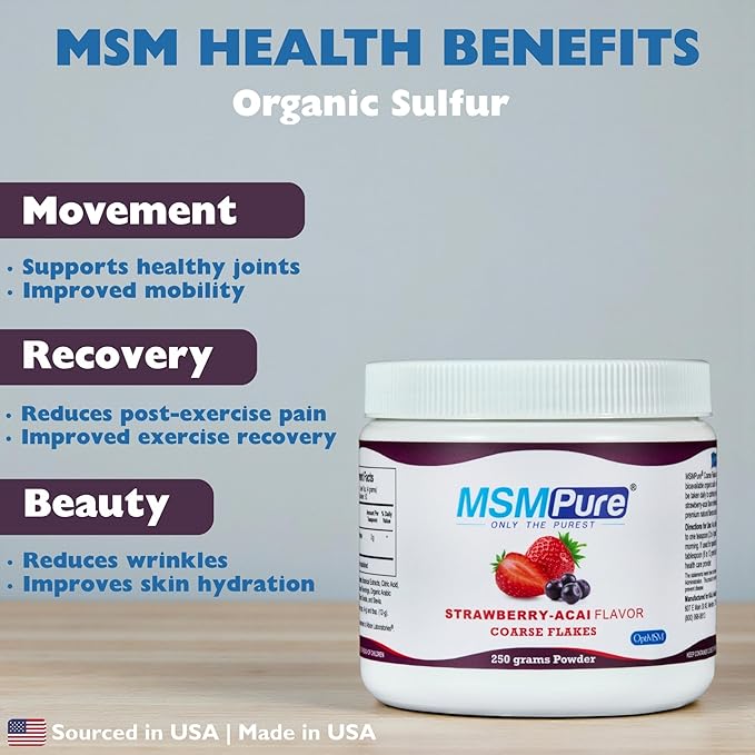 KALA HEALTH MSMPure Strawberry Acai Flavored Coarse MSM Powder Flakes – US-Made MSM for Joint Health, Skin Appearance, and Hair & Nail Support – 8.8 oz, Organic Sulfur