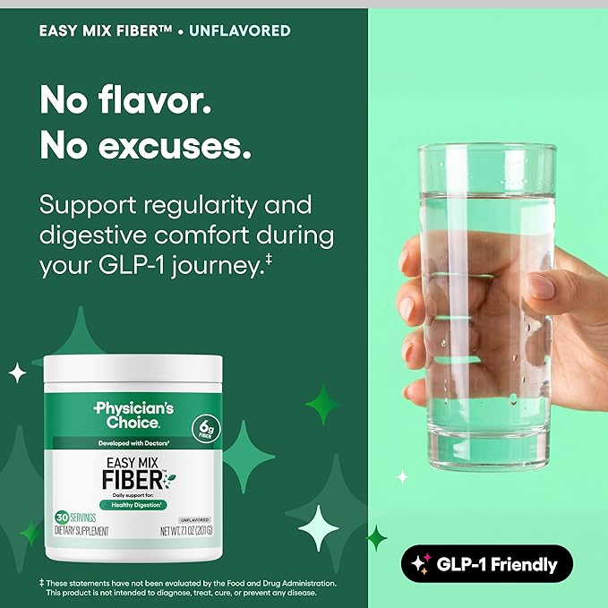 Physician's CHOICE Easy Mix Fiber for Digestive Health & Regularity - No Grit, Sugar Free, & Tasteless - Daily Prebiotic Soluble Fiber Powder Supplement for Women and Men - Unflavored - 7.1oz