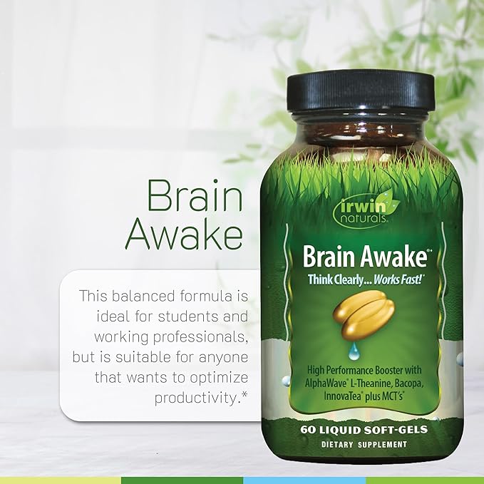 Irwin Naturals Brain Awake Enhanced Mental Performance, Increased Focus, Boost Clarity & Concentration - Powerful Nootropic Booster with L-Theanine, Bacopa, MCT's & InnovaTea - 60 Liquid Softgels