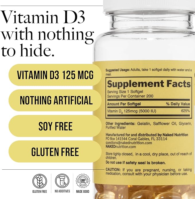 NAKED Vitamin D3 5000 IU – High Potency Vitamin D Supplement for Immune Support, Bone Strength, Muscle Function – 200 Vitamin D Softgels