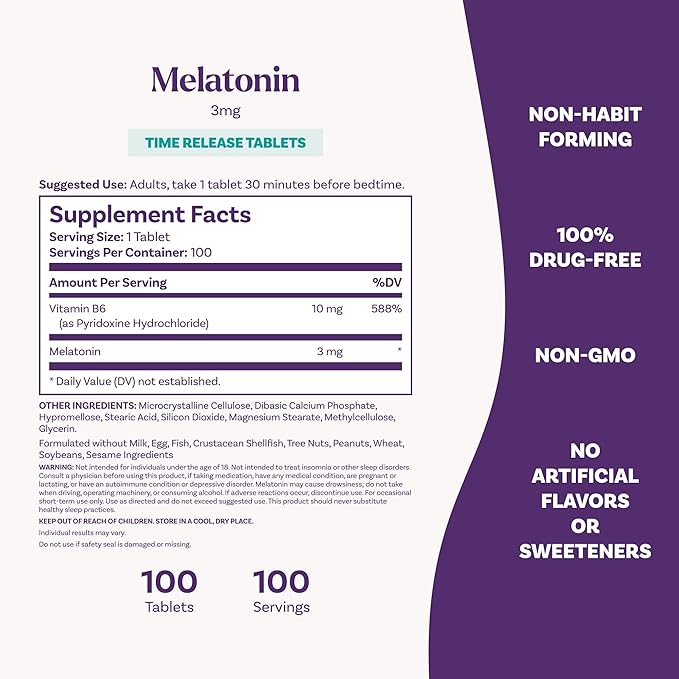 Natrol Melatonin 3 mg Time Release, Dietary Supplement to Minimize Wake Ups, Nighttime Sleep Aid, 100 Tablets, Up to a 100 Day Supply