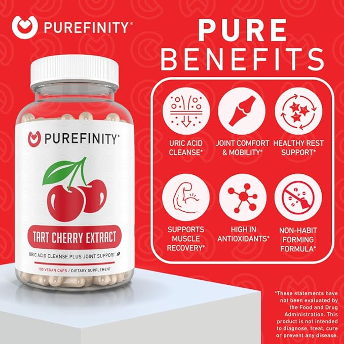 PUREFINITY Tart Cherry Capsules – Uric Acid Flush & Cleanse to Support Joint & Muscle Comfort with 3000 mg Raw Extract, Non-GMO, Gluten Free, Vegan – 180 Count (6 Month Supply)
