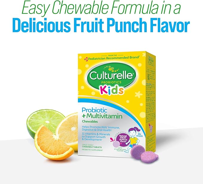 Culturelle Kids Probiotic + Complete Multivitamin Chewable for Kids,Ages 3+,Digestive Health,Oral Health&Immune Support-with 11 Vitamins&Minerals,Including Vitamin C,D3-&Zinc,30 Count (Pack of 2)