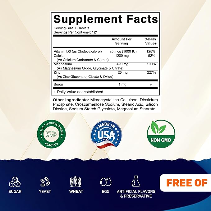 Vitamatic Calcium Magnesium Zinc D3 Boron | 365 Coated Tablets Supplement | Calcium 1200 mg, Magnesium 420mg, Zinc 25mg, Vitamin D3 1000 IU, Boron 1 mg | Non-GMO | Gluten Free | Made in USA