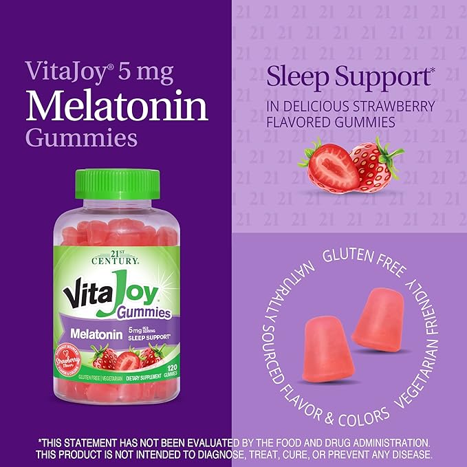 21st Century VitaJoy Melatonin 5mg Gummies (120 Count), Strawberry Flavor Chewable Sleep Aid for Adults, Promotes Relaxation and Restful Sleep, Non-Habit Forming, Gluten-Free