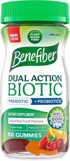 Benefiber Prebiotic GLP-1 Friendly Fiber Supplement Gummies with Probiotics for Digestive Health, Assorted Fruit Flavors - 50 Count