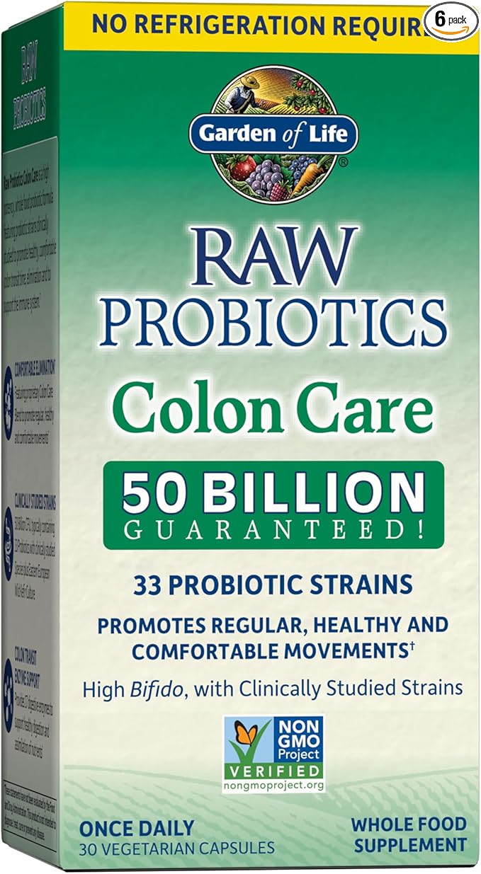 Garden of Life Probiotics for Women & Men-Raw Probiotics Colon Care 50 Billion CFU and Enzymes, Shelf Stable Once Daily Acidophilus Probiotic for Regularity & Immune Health, 30 Capsules(Pack of 6)