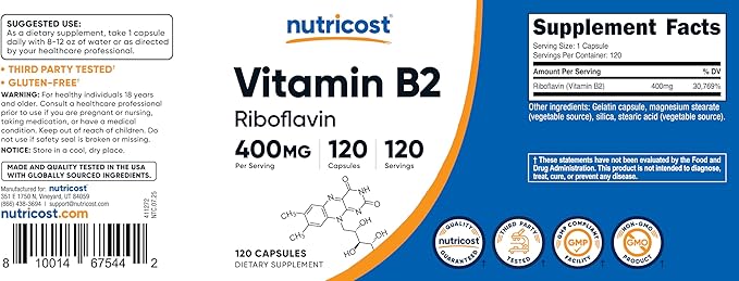 Nutricost Vitamin B2 (Riboflavin) 400mg, 120 Capsules (2 Bottles)