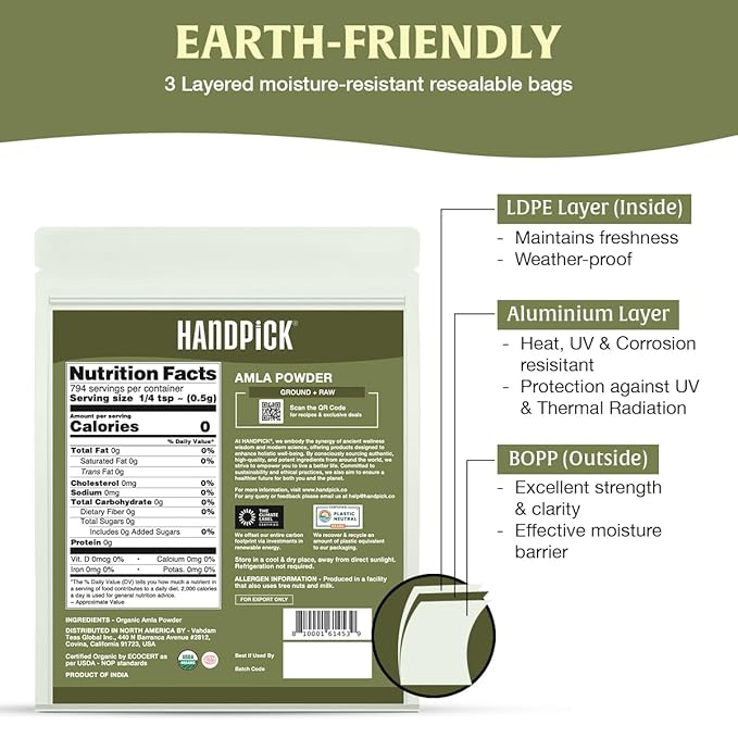 HANDPICK Organic Amla Powder (14oz) Amalaki, USDA Organic, Non-GMO | 100% Raw and Natural - Lab Tested for Purity | Indian Gooseberry Powder | Resealable Zip Lock Pouch