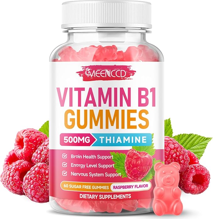 MEENCCD Vitamin B1 Gummies 500mg, Thiamine B1 Supplement Supports Energy Production, B1 Vitamin for Adults & Kids, Sugar-Free, Vegan, Raspberry Flavor, 60 Count