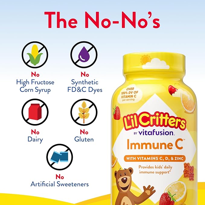 L’il Critters Immune C Daily Gummy Supplement Vitamin for Kids, for Vitamin C, D and Zinc for Immune Support, Orange, Lemon, Strawberry and Cherry Flavors, 190 Gummies (Packaging May Vary)