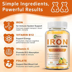 Iron Supplement Gummies, 65mg Iron and 250mg Vitamin C for Women Men Kids, Natural Vegan with Vitamin A, B-Complex, Biotin, Zinc & Folate Energy Support & Immune Health, 60 Count