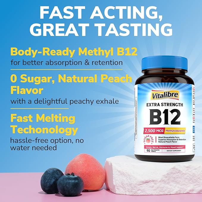 Vitamin B12 2500 mcg, Extra Strength Sublingual Methylcobalamin, Natural Peach Flavor, Nervous System, Energy Support, No Sugar, 90 Fast Dissolve Tablets