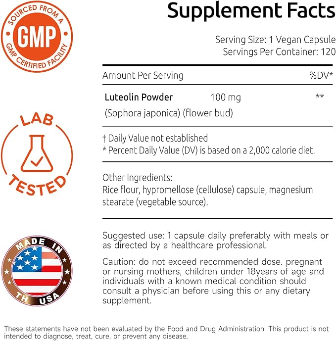 Luteolin Supplement 100mg, Flavonoids Supplements for Brain Health Support, Non-GMO, Gluten Free,Made in USA, 120 Vegan Capsules