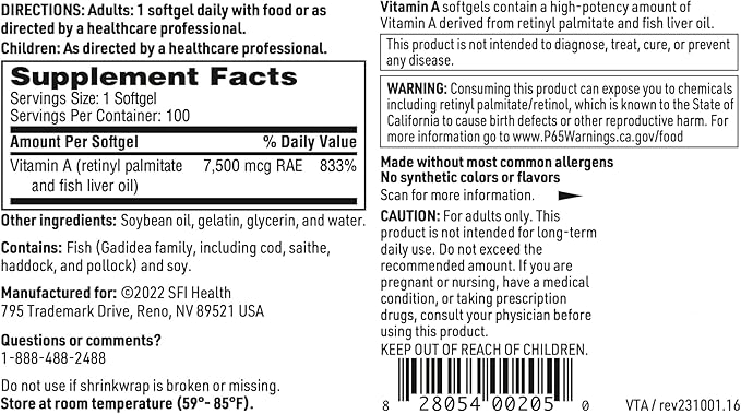 Klaire Labs SFI Health Vitamin A - High Potency 25000 IU Dose (7,500mcg RAE) from Fish Liver Oil, Preformed Retinol Form (100 Softgels)