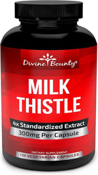 Divine Bounty Pure Milk Thistle Capsules - A Potent Milk Thistle Supplement with 300mg of 4X Concentrated Extract (Standardized) - 120 Vegetarian Capsules