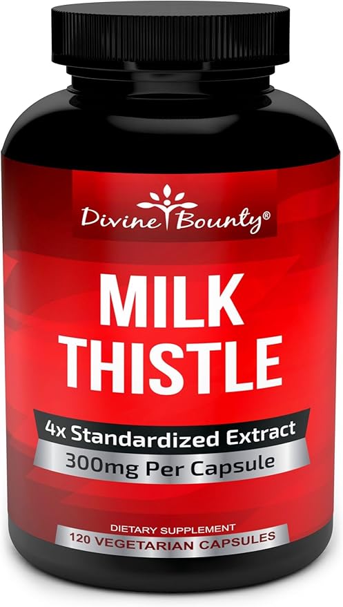 Divine Bounty Pure Milk Thistle Capsules - A Potent Milk Thistle Supplement with 300mg of 4X Concentrated Extract (Standardized) - 120 Vegetarian Capsules