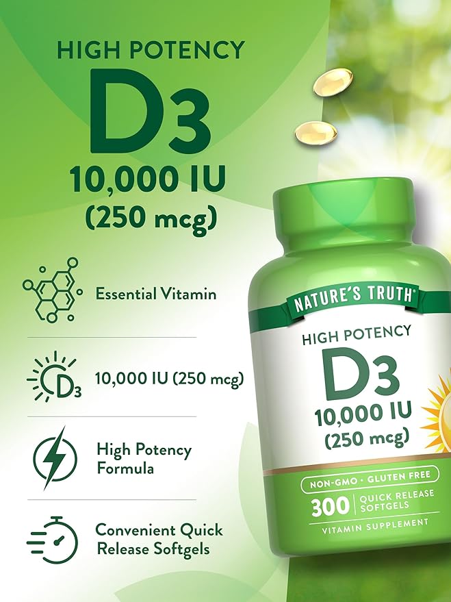 Nature's Truth Vitamin D3 10000 IU Softgels | 300 Count | Extra Strength | Non-GMO & Gluten Free Supplement