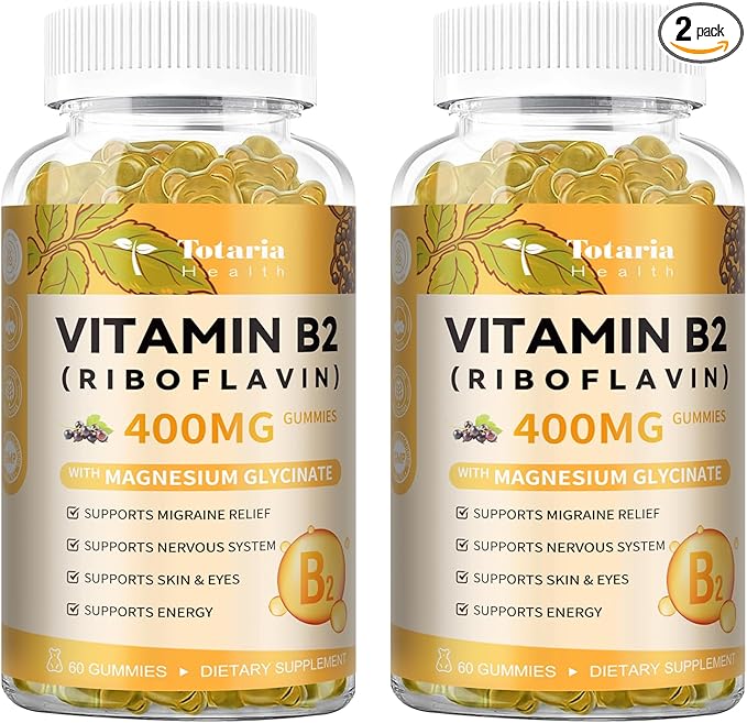 Totaria (2 Packs) Vitamin B2 Gummies, Sugar Free Riboflavin 400mg Supplement for Adults & Kids with Magnesium Glycinate 400mg, COQ10 & Elderberry
