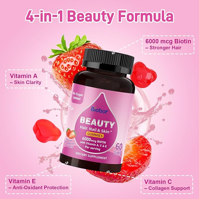 Biobor Natural 6000mcg Biotin Gummies No Sugar Added, Hair Skin and Nails Beauty Gummies with Vitamins A C E for Women Men, GMO Free, Gluten Free