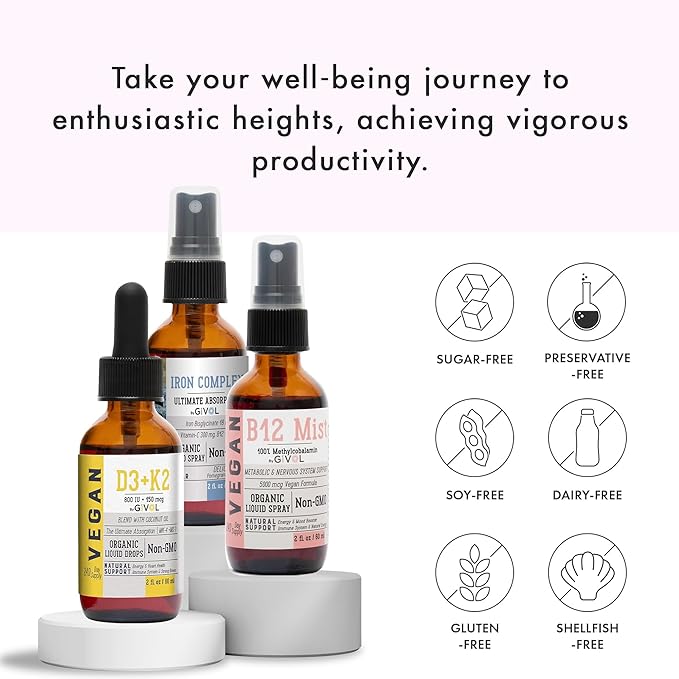 Energy & Vitality Bundle Liquid Vitamin Spray Trio - B12 Methylcobalamin, Iron Bisglycinate, and D3 (Lichen) & K2 (MK4 & MK7), Non-GMO, Gluten Free, Sugar-Free, 2 Fl Oz (60 ml) 540 Days Supply