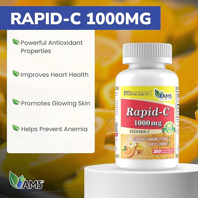 America Medic & Science Rapid-C 1000mg Vitamin C Supplement (1 Pack of 200 Tablets) Energy Booster, Daily Immune System Support, Antioxidant | Vegan, Non-GMO Coated Ascorbic Acid for Adult Men & Women