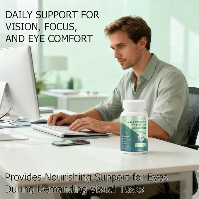 14-in-1 Advanced Eye Vitamin Supplement with Lutein, Zeaxanthin, Bilberry Extract & Zinc for Adults - Supports Vision, Macula & Blue Light Protection - 60 Capsules (01)