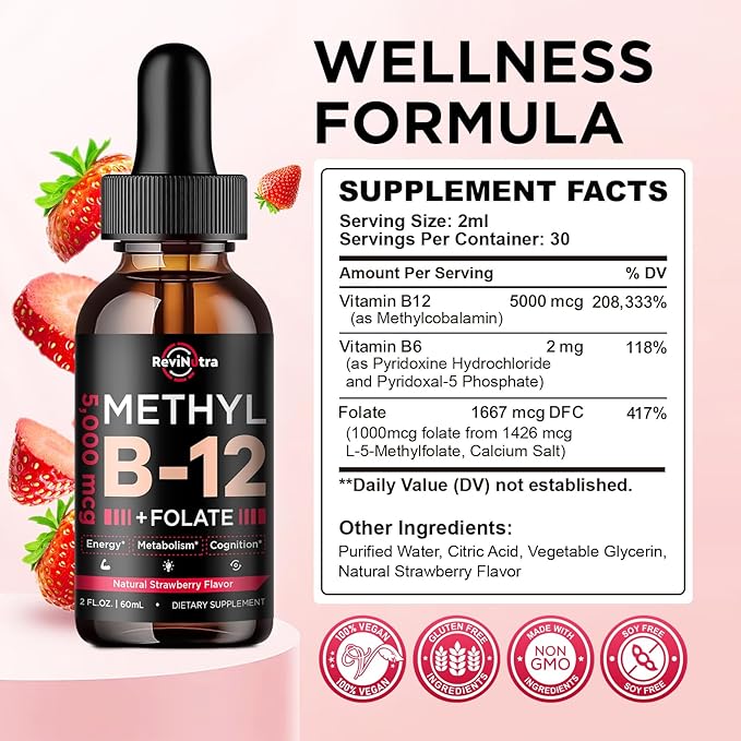 Vitamin B12 liquid Drops, B12 vitamins 5000 mcg, Vitamin B Complex Supplement with Methylcobalamin B12 Sublingual, Vitamin B6, Folate for Energy, Brain, Heart Health, Vegan Strawberry Flavor 2 Fl Oz