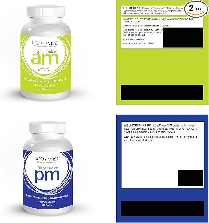 Body Wise Multi-Vitamin/Mineral Daily Nutrition Supplement – Right Choice AM Supports Energy and Alertness. Right Choice PM Formula Supports Relaxation and Recovery. – 540 Tablets - 90 Day Serving