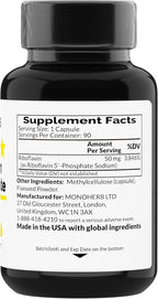 MONOHERB Riboflavin 5'-Phosphate 50 mg - 90 Vegetarian Capsules - Bioactive Vitamin B2 - Made in USA